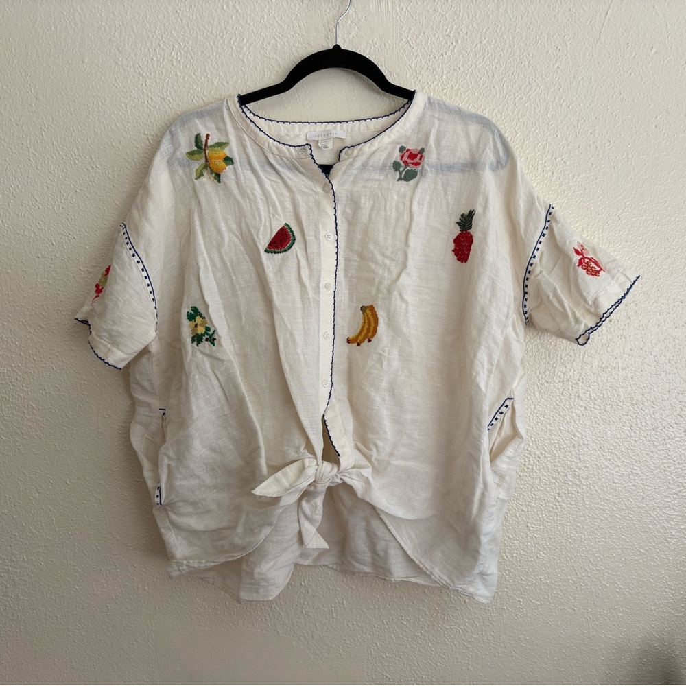 Anthropologie Embroidered Blouse with Tie Front